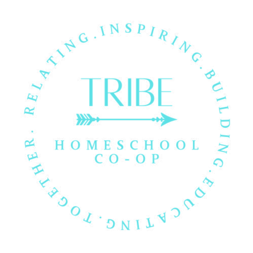 Tribe Homeschool cooperative logo. Tribe with arrow surrounded by the words Together Relating Inspiring Building Educating